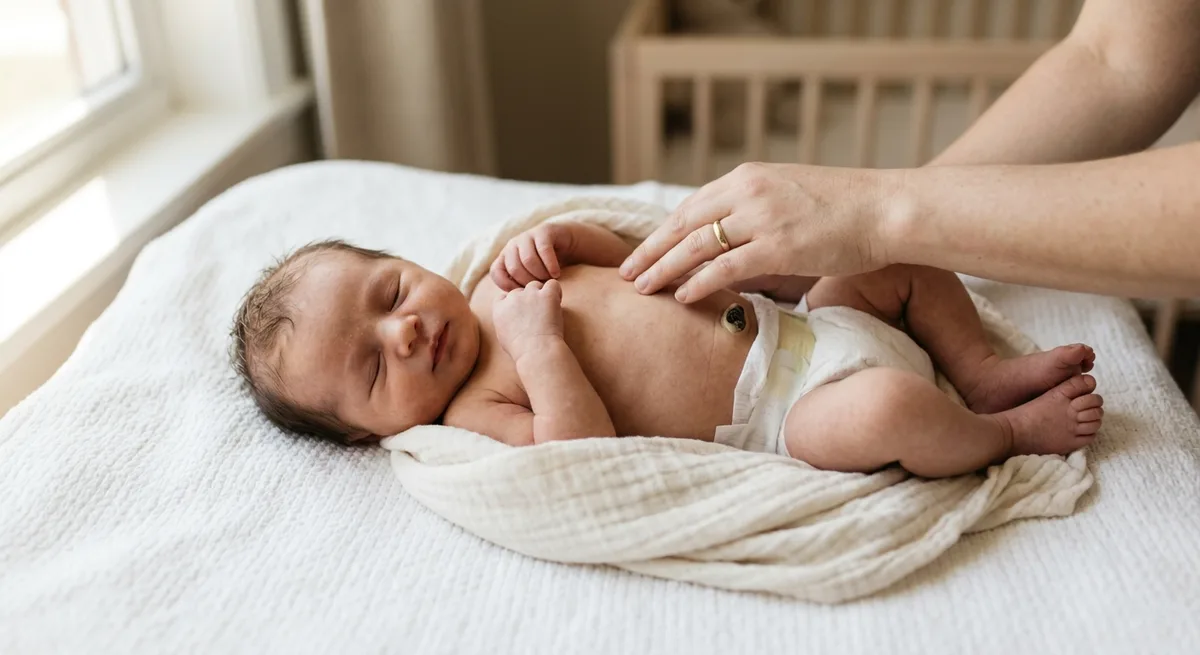 Recém-nascido deitado de barriga para cima com coto umbilical visível, mão do cuidador próxima
