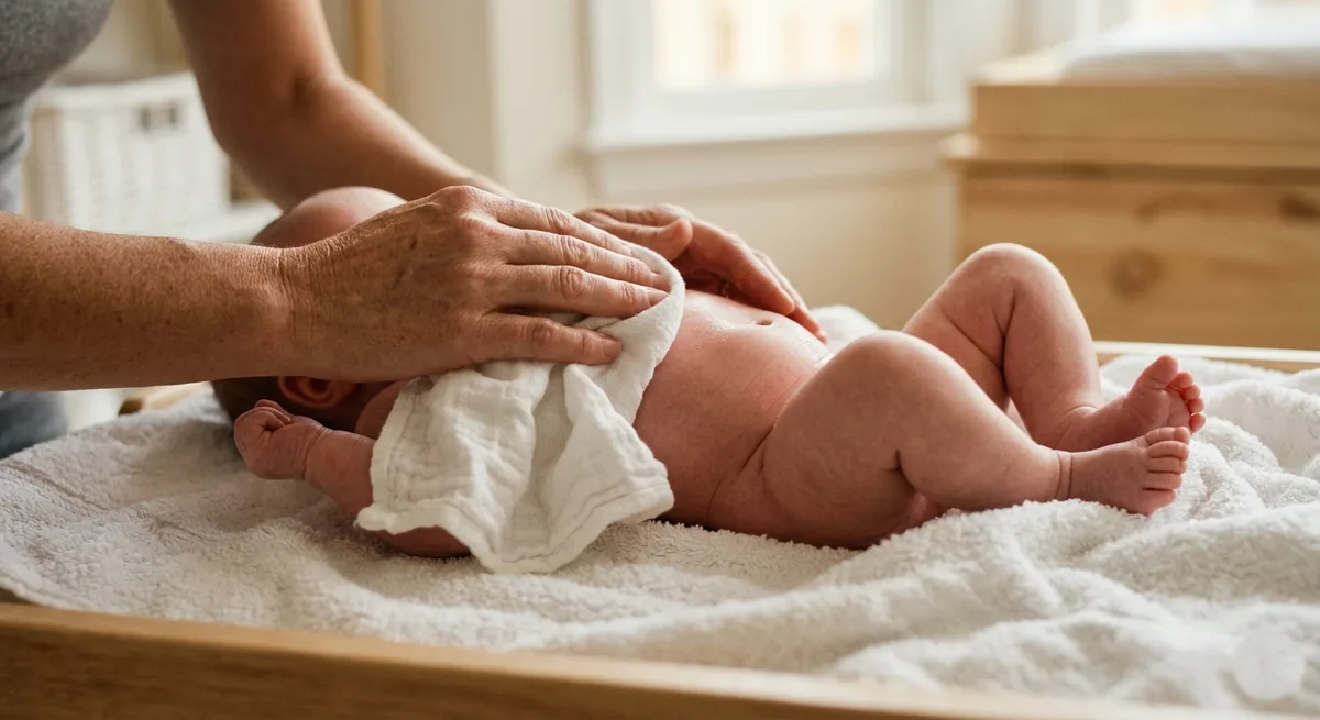 Recém-nascido deitado de barriga para cima com coto umbilical visível, mão do cuidador próxima
