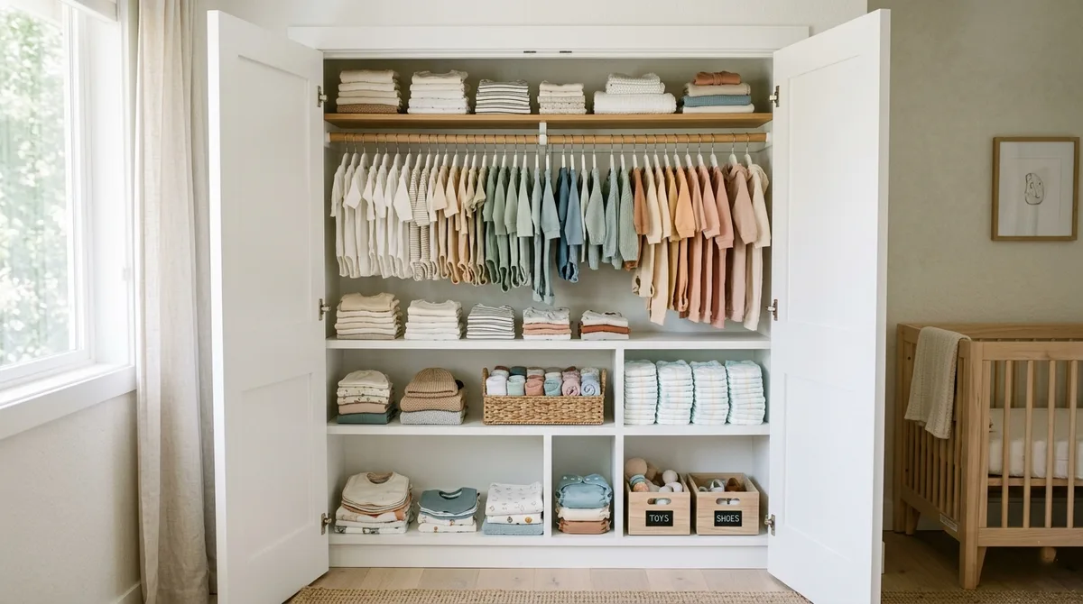 Armário de quarto de bebê organizado com roupas em cabides, fraldas e cestos