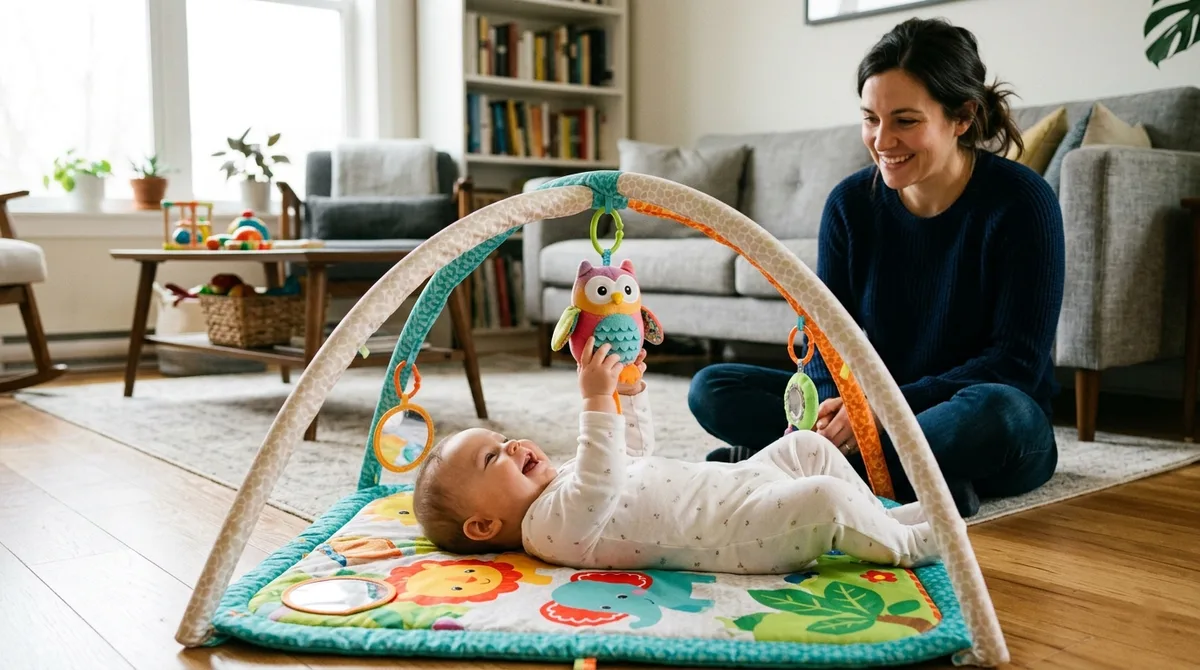 Bebê de 5 meses no tapete de atividades alcançando brinquedo pendurado enquanto pai observa sorrindo