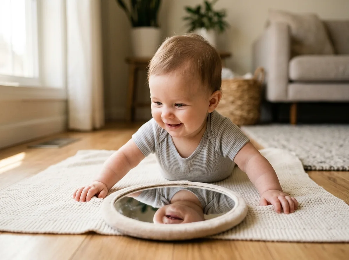 Bebê de 5 meses no tapete de atividades alcançando brinquedo pendurado enquanto pai observa sorrindo