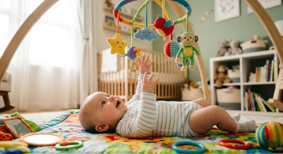 Bebê de 3 meses deitado de barriga para cima em tapete de atividades, olhando atento para móbile colorido